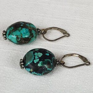 Vintage Gorgeous Natural Polished Turquoise Large Stone Silver 925 Earrings